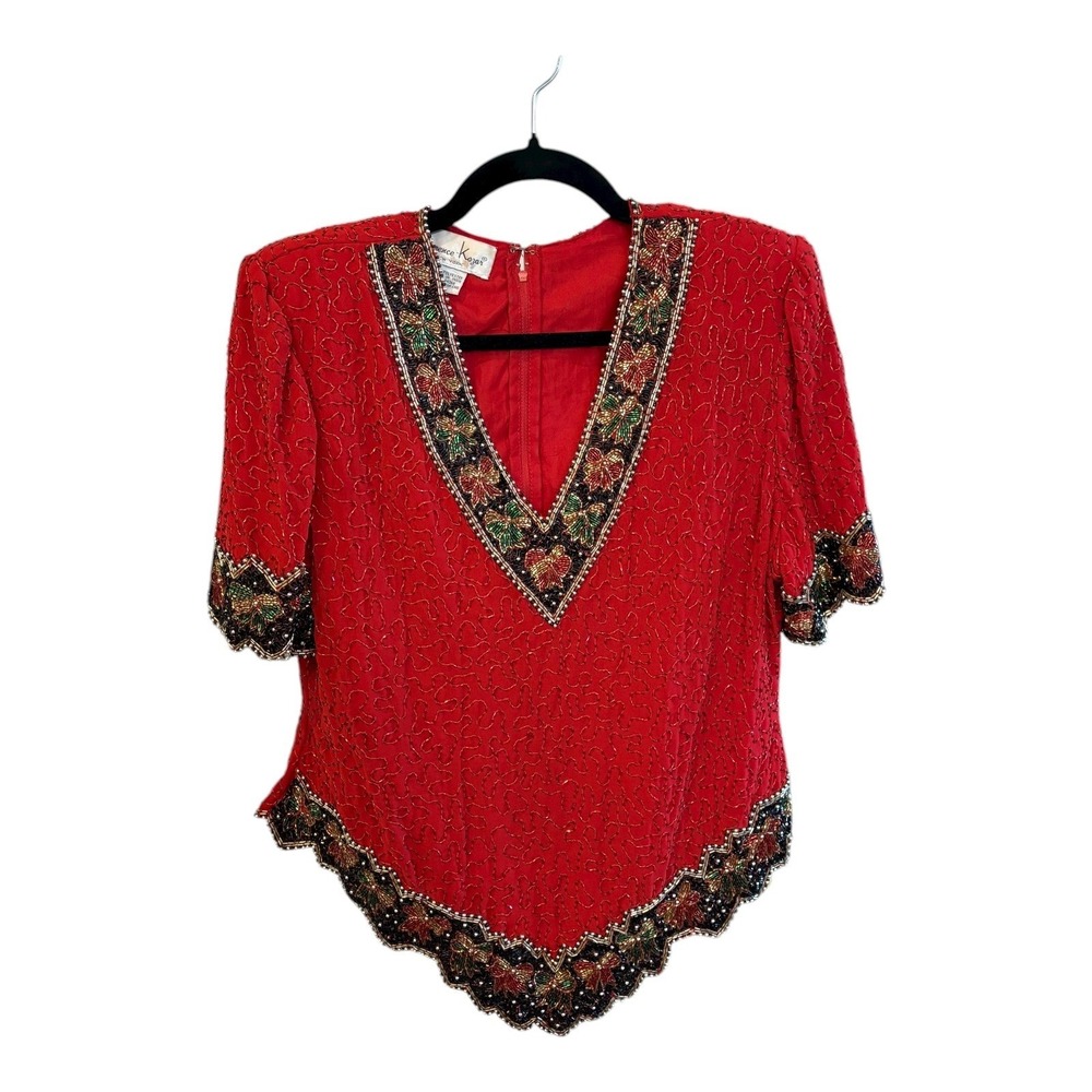 Vintage Laurence Kazar Red Beaded V Neck Short Sleeve Top XL - Picture 2 of 5